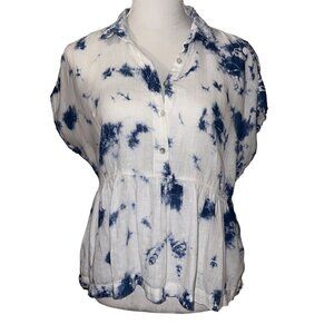 Rachel & Zoe Linen Button Up V-Neck Short Sleeve Blouse Size Small